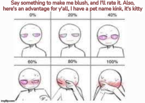 Don't be afraid to give it a try, and if you'd rather do it in memechat, just comment ' .. ' and I'll follow you | Say something to make me blush, and I'll rate it. Also, here's an advantage for y'all, I have a pet name kink, it's kitty | image tagged in make me blush,horni | made w/ Imgflip meme maker