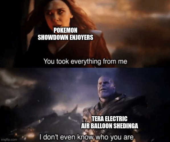 You took everything from me - I don't even know who you are | POKEMON SHOWDOWN ENJOYERS; TERA ELECTRIC AIR BALLOON SHEDINGA | image tagged in you took everything from me - i don't even know who you are | made w/ Imgflip meme maker