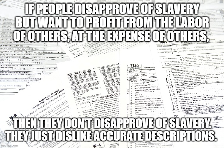 Taxation is Theft | IF PEOPLE DISAPPROVE OF SLAVERY BUT WANT TO PROFIT FROM THE LABOR OF OTHERS, AT THE EXPENSE OF OTHERS, THEN THEY DON’T DISAPPROVE OF SLAVERY. THEY JUST DISLIKE ACCURATE DESCRIPTIONS. | image tagged in libertarian,taxation is theft,political meme | made w/ Imgflip meme maker
