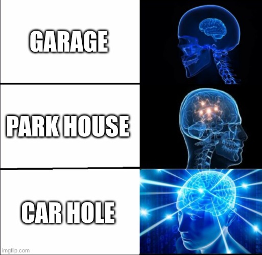 Galaxy Brain (3 brains) | GARAGE; PARK HOUSE; CAR HOLE | image tagged in galaxy brain 3 brains | made w/ Imgflip meme maker