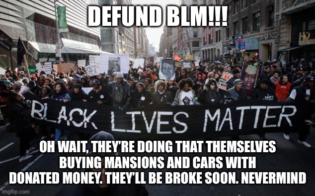DEFUND BLACK LIVES MATTER | DEFUND BLM!!! OH WAIT, THEY’RE DOING THAT THEMSELVES BUYING MANSIONS AND CARS WITH DONATED MONEY. THEY’LL BE BROKE SOON. NEVERMIND | image tagged in black lives matter,scam,business,crooked | made w/ Imgflip meme maker