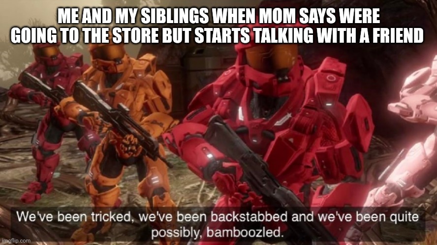 We've been tricked | ME AND MY SIBLINGS WHEN MOM SAYS WERE GOING TO THE STORE BUT STARTS TALKING WITH A FRIEND | image tagged in we've been tricked | made w/ Imgflip meme maker