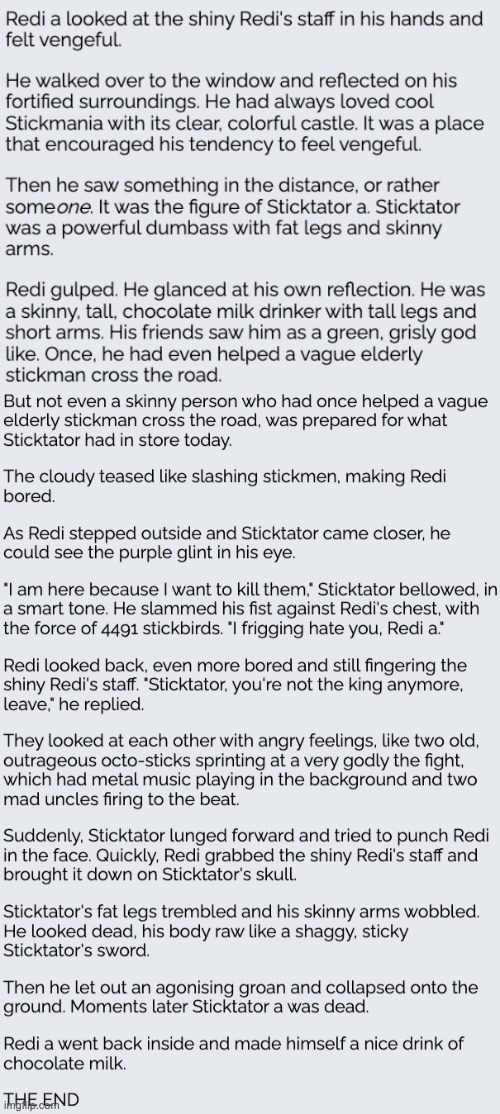 An AI makes up a story about Redi and the Sticktator fighting. | made w/ Imgflip meme maker