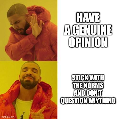 Drake Blank | HAVE A GENUINE OPINION; STICK WITH THE NORMS AND DON'T QUESTION ANYTHING | image tagged in drake blank | made w/ Imgflip meme maker