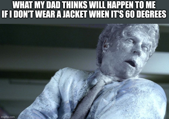 Meme #325 | WHAT MY DAD THINKS WILL HAPPEN TO ME IF I DON'T WEAR A JACKET WHEN IT'S 60 DEGREES | image tagged in dads,relatable,so true,funny,memes,frozen | made w/ Imgflip meme maker