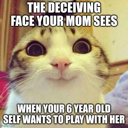 meme | THE DECEIVING FACE YOUR MOM SEES; WHEN YOUR 6 YEAR OLD SELF WANTS TO PLAY WITH HER | image tagged in memes,smiling cat | made w/ Imgflip meme maker