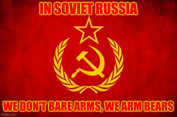 IN SOVIET RUSSIA | IN SOVIET RUSSIA; WE DON'T BARE ARMS, WE ARM BEARS | image tagged in in soviet russia | made w/ Imgflip meme maker