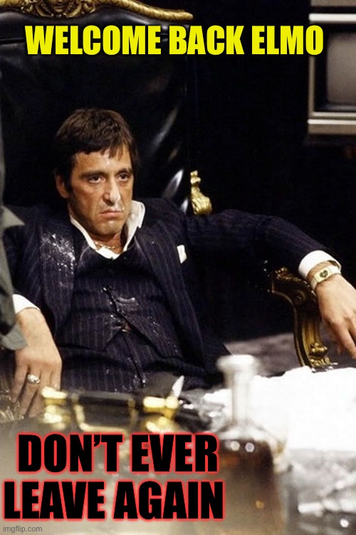 tony montana | WELCOME BACK ELMO DON’T EVER LEAVE AGAIN | image tagged in tony montana | made w/ Imgflip meme maker