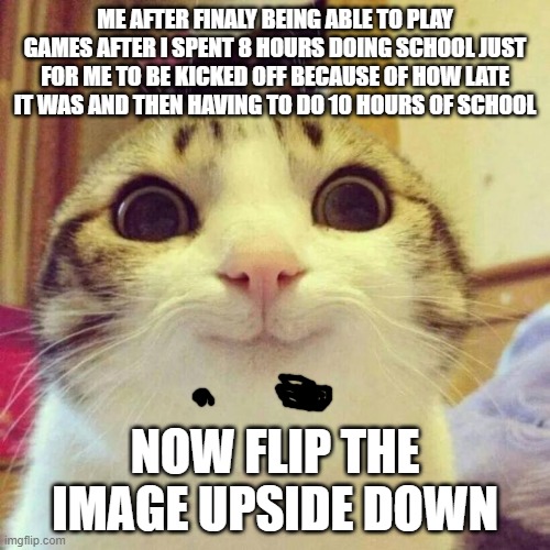 Smiling Cat | ME AFTER FINALY BEING ABLE TO PLAY GAMES AFTER I SPENT 8 HOURS DOING SCHOOL JUST FOR ME TO BE KICKED OFF BECAUSE OF HOW LATE IT WAS AND THEN HAVING TO DO 10 HOURS OF SCHOOL; NOW FLIP THE IMAGE UPSIDE DOWN | image tagged in memes,smiling cat | made w/ Imgflip meme maker