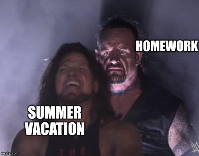 undertaker | HOMEWORK; SUMMER VACATION | image tagged in undertaker | made w/ Imgflip meme maker