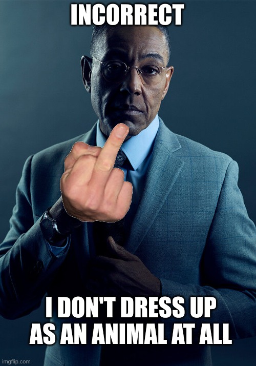 Gus Fring we are not the same | INCORRECT I DON'T DRESS UP AS AN ANIMAL AT ALL | image tagged in gus fring we are not the same | made w/ Imgflip meme maker