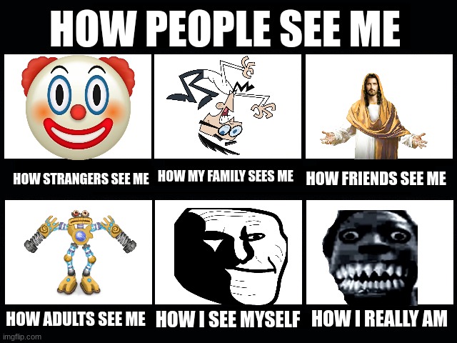Logic | HOW PEOPLE SEE ME; HOW MY FAMILY SEES ME; HOW STRANGERS SEE ME; HOW FRIENDS SEE ME; HOW ADULTS SEE ME; HOW I SEE MYSELF; HOW I REALLY AM | image tagged in what my friends think i do | made w/ Imgflip meme maker