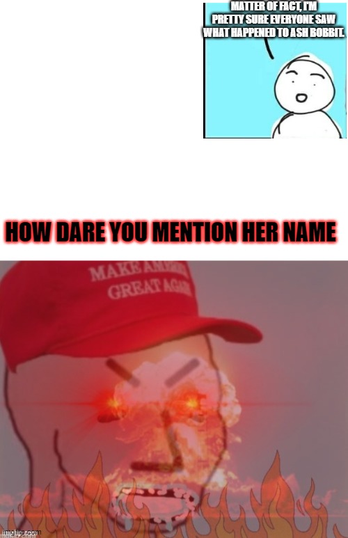 MATTER OF FACT, I'M PRETTY SURE EVERYONE SAW WHAT HAPPENED TO ASH BOBBIT. HOW DARE YOU MENTION HER NAME | image tagged in blank white template,meltdown angry maga npc | made w/ Imgflip meme maker