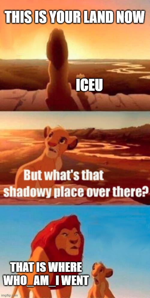 Simba Shadowy Place Meme | THIS IS YOUR LAND NOW; ICEU; THAT IS WHERE WHO_AM_I WENT | image tagged in simba shadowy place,goodbye,iceu,who_am_i | made w/ Imgflip meme maker