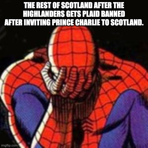 Bonnie Prince Charlie | THE REST OF SCOTLAND AFTER THE HIGHLANDERS GETS PLAID BANNED AFTER INVITING PRINCE CHARLIE TO SCOTLAND. | image tagged in memes,sad spiderman,spiderman | made w/ Imgflip meme maker