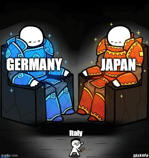 Axis Powers | JAPAN; GERMANY; Italy | image tagged in two giants looking at a small guy,history memes,memes | made w/ Imgflip meme maker