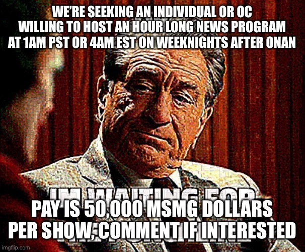 OK, I’m waiting for the punchline | WE’RE SEEKING AN INDIVIDUAL OR OC WILLING TO HOST AN HOUR LONG NEWS PROGRAM AT 1AM PST OR 4AM EST ON WEEKNIGHTS AFTER ONAN; PAY IS 50,000 MSMG DOLLARS PER SHOW, COMMENT IF INTERESTED | image tagged in ok i m waiting for the punchline | made w/ Imgflip meme maker