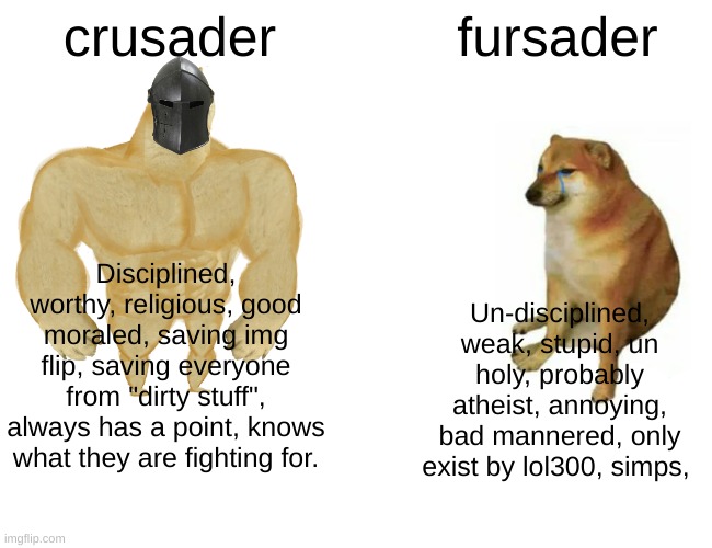 Who would win? (Drew: Crusader) | crusader; fursader; Disciplined, worthy, religious, good moraled, saving img flip, saving everyone from "dirty stuff", always has a point, knows what they are fighting for. Un-disciplined, weak, stupid, un holy, probably atheist, annoying, bad mannered, only exist by lol300, simps, | image tagged in memes,buff doge vs cheems | made w/ Imgflip meme maker