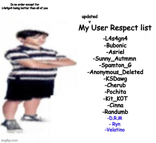 thing | In no order except for L4s4gn4 being better than all of you; updated
v; -D.R.M
- Ryn
-Velatino | made w/ Imgflip meme maker