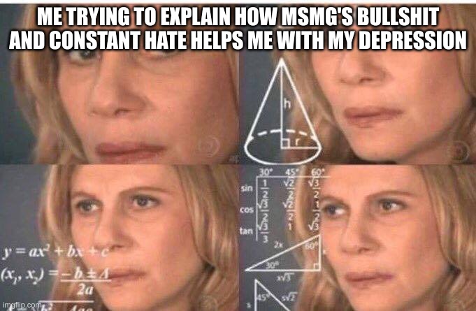 please don't die stream I need you guys- | ME TRYING TO EXPLAIN HOW MSMG'S BULLSHIT AND CONSTANT HATE HELPS ME WITH MY DEPRESSION | image tagged in math lady/confused lady | made w/ Imgflip meme maker