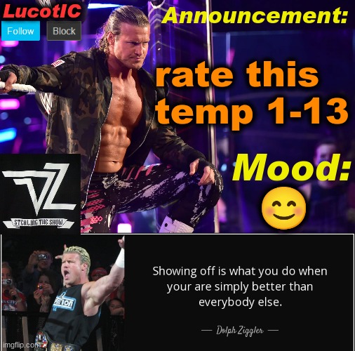 LucotIC's "Dolph Ziggler" template 15# | rate this temp 1-13; 😊 | image tagged in lucotic's dolph ziggler template 15 | made w/ Imgflip meme maker