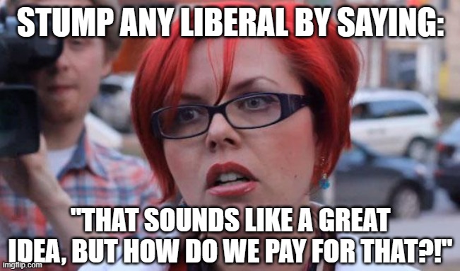 Angry Feminist | STUMP ANY LIBERAL BY SAYING:; "THAT SOUNDS LIKE A GREAT IDEA, BUT HOW DO WE PAY FOR THAT?!" | image tagged in angry feminist | made w/ Imgflip meme maker