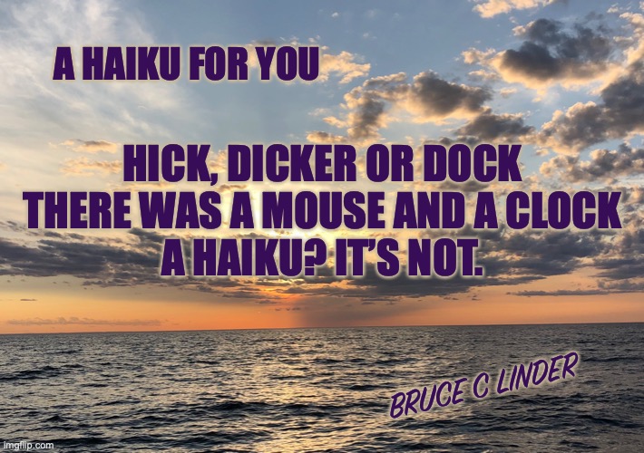 A Haiku for you | A HAIKU FOR YOU; HICK, DICKER OR DOCK
THERE WAS A MOUSE AND A CLOCK
A HAIKU? IT’S NOT. BRUCE C LINDER | image tagged in haiku | made w/ Imgflip meme maker