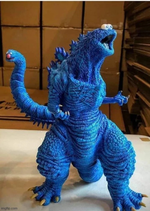 I love how grover is on the end of shin cookie monsters tail lol | image tagged in cookie monster,cursed cookie monster,sesame street,cursed image,godzilla | made w/ Imgflip meme maker
