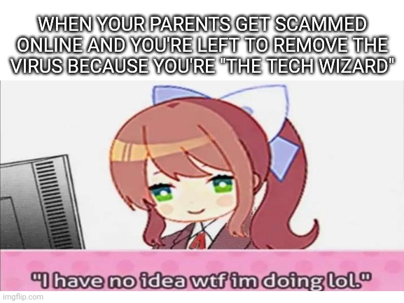 Oh well | WHEN YOUR PARENTS GET SCAMMED ONLINE AND YOU'RE LEFT TO REMOVE THE VIRUS BECAUSE YOU'RE "THE TECH WIZARD" | image tagged in memes,oh well,wtf | made w/ Imgflip meme maker