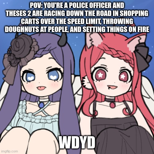 no i'm not on drugs (no erp, no killing them) | POV: YOU'RE A POLICE OFFICER AND THESES 2 ARE RACING DOWN THE ROAD IN SHOPPING CARTS OVER THE SPEED LIMIT, THROWING DOUGHNUTS AT PEOPLE, AND SETTING THINGS ON FIRE; WDYD | made w/ Imgflip meme maker