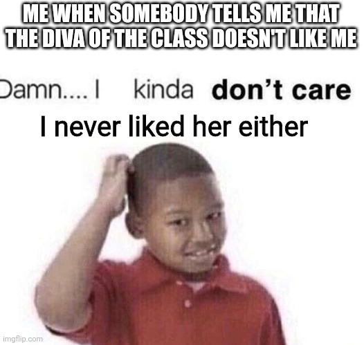 I never liked her either tho:) | ME WHEN SOMEBODY TELLS ME THAT THE DIVA OF THE CLASS DOESN'T LIKE ME; I never liked her either | image tagged in damn i kinda dont care,memes,diva,hehehe | made w/ Imgflip meme maker