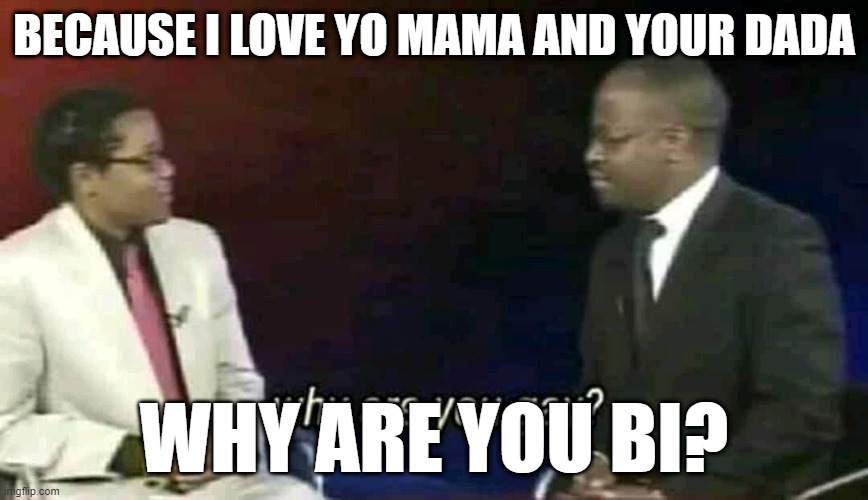 Why are you gay? | BECAUSE I LOVE YO MAMA AND YOUR DADA; WHY ARE YOU BI? | image tagged in why are you gay | made w/ Imgflip meme maker