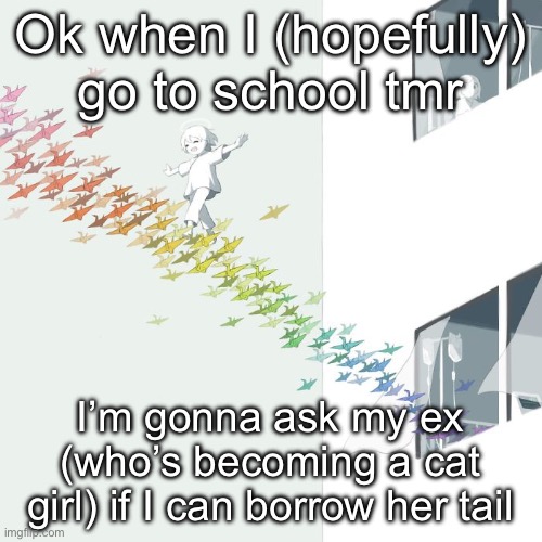 Fox boy time | Ok when I (hopefully) go to school tmr; I’m gonna ask my ex (who’s becoming a cat girl) if I can borrow her tail | image tagged in avogado6 | made w/ Imgflip meme maker