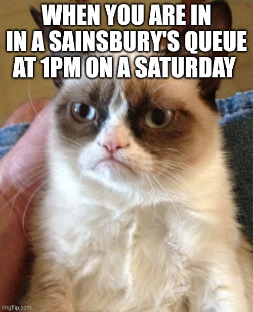 Grumpy Cat | WHEN YOU ARE IN IN A SAINSBURY'S QUEUE AT 1PM ON A SATURDAY | image tagged in memes,grumpy cat | made w/ Imgflip meme maker