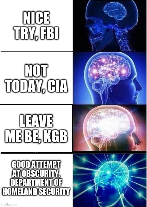 bruh | NICE TRY, FBI; NOT TODAY, CIA; LEAVE ME BE, KGB; GOOD ATTEMPT AT OBSCURITY, DEPARTMENT OF HOMELAND SECURITY | image tagged in memes,expanding brain | made w/ Imgflip meme maker