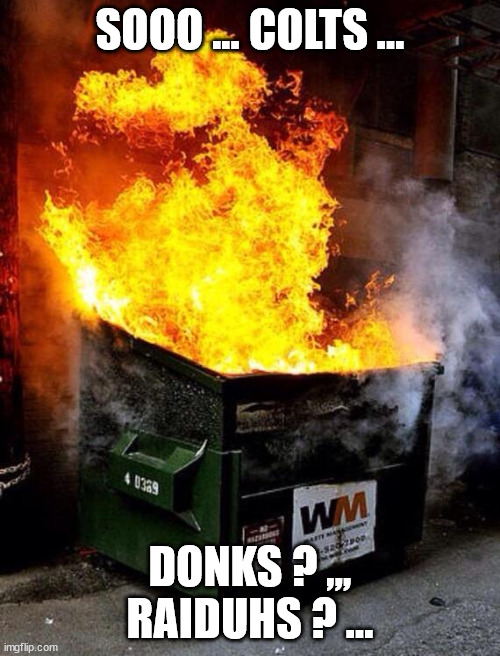 Dumpster Fire | SOOO ... COLTS ... DONKS ? ,,, RAIDUHS ? ... | image tagged in dumpster fire | made w/ Imgflip meme maker