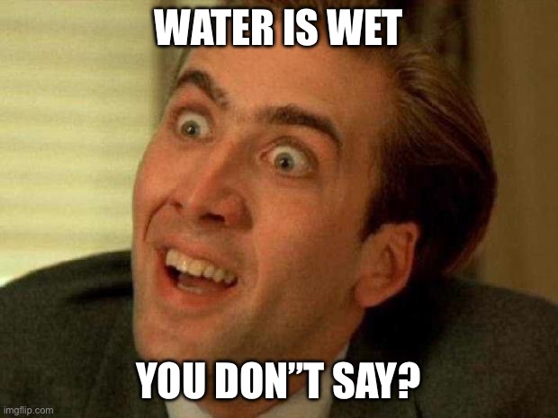 Nicolas cage | WATER IS WET; YOU DON”T SAY? | image tagged in nicolas cage | made w/ Imgflip meme maker