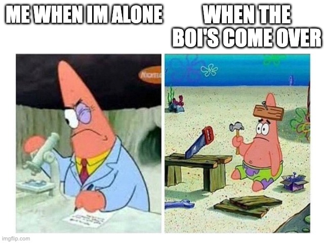 Upvotes please and check my other memes | WHEN THE BOI'S COME OVER; ME WHEN IM ALONE | image tagged in patrick scientist vs nail | made w/ Imgflip meme maker