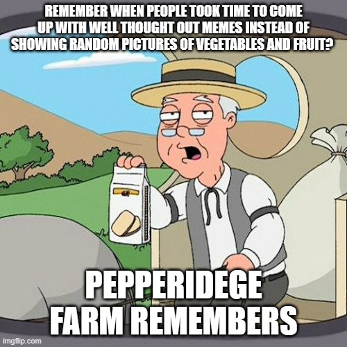 Pepperidge Farm Remembers | REMEMBER WHEN PEOPLE TOOK TIME TO COME UP WITH WELL THOUGHT OUT MEMES INSTEAD OF SHOWING RANDOM PICTURES OF VEGETABLES AND FRUIT? PEPPERIDEGE FARM REMEMBERS | image tagged in memes,pepperidge farm remembers | made w/ Imgflip meme maker