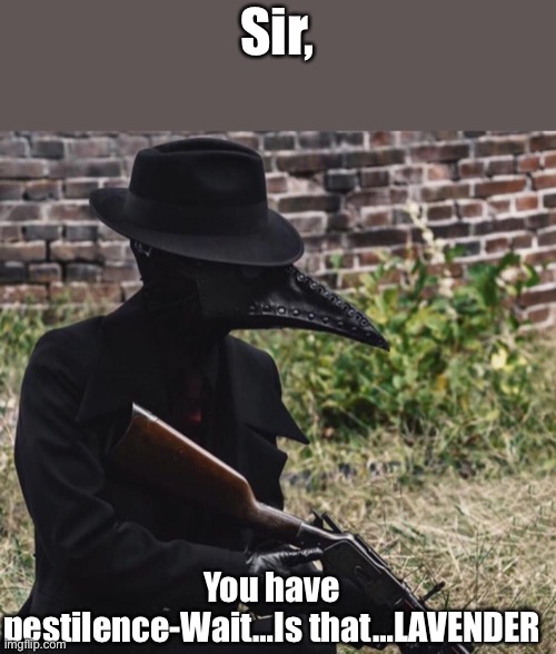 Pestilence | Sir, You have pestilence-Wait…Is that…LAVENDER | image tagged in plague doctor with gun,pestilence | made w/ Imgflip meme maker