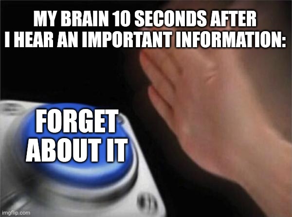 Forgetting an important information... | MY BRAIN 10 SECONDS AFTER I HEAR AN IMPORTANT INFORMATION:; FORGET ABOUT IT | image tagged in memes,blank nut button | made w/ Imgflip meme maker
