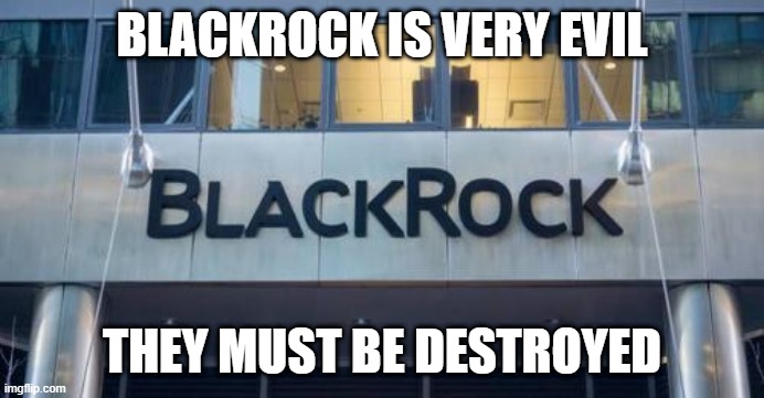 blackrock evil | BLACKROCK IS VERY EVIL; THEY MUST BE DESTROYED | image tagged in blackrock | made w/ Imgflip meme maker