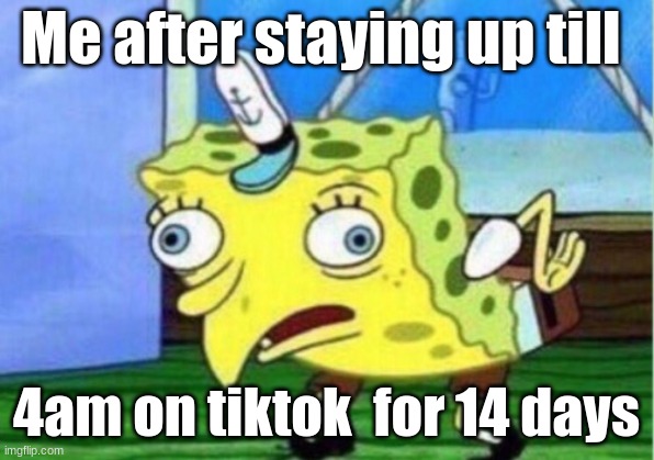 Mocking Spongebob | Me after staying up till; 4am on tiktok  for 14 days | image tagged in memes,mocking spongebob | made w/ Imgflip meme maker