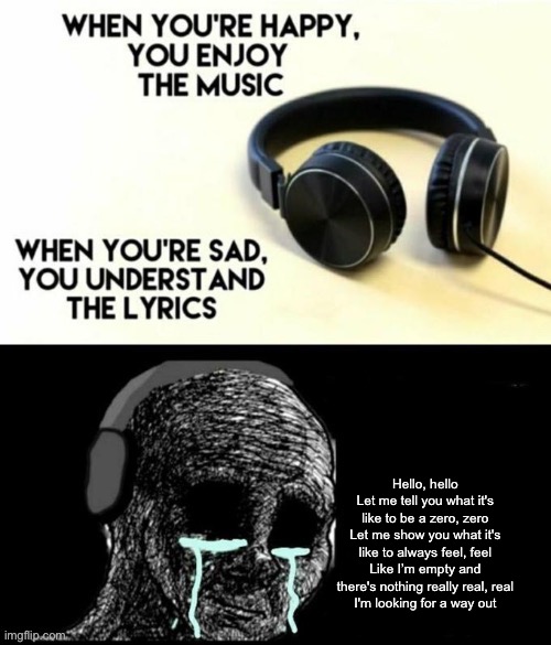 When your sad you understand the lyrics | Hello, hello
Let me tell you what it's like to be a zero, zero
Let me show you what it's like to always feel, feel
Like I’m empty and there' | image tagged in when your sad you understand the lyrics | made w/ Imgflip meme maker