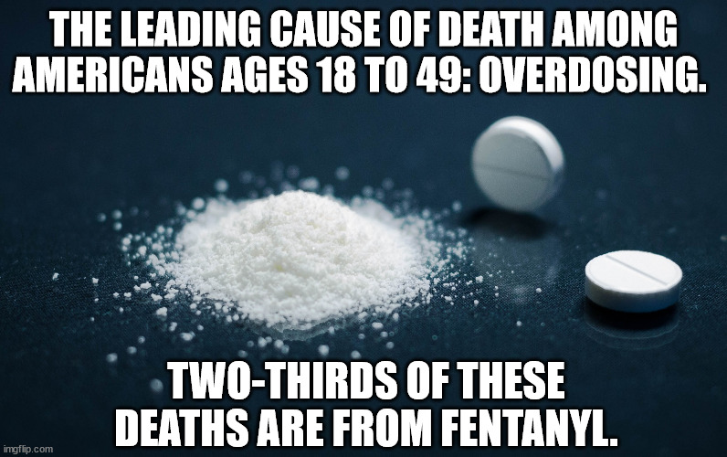 the leading cause of death among Americans ages 18 to 49: overdosing. Two-thirds of these deaths are from fentanyl. | THE LEADING CAUSE OF DEATH AMONG AMERICANS AGES 18 TO 49: OVERDOSING. TWO-THIRDS OF THESE DEATHS ARE FROM FENTANYL. | image tagged in fentanyl | made w/ Imgflip meme maker