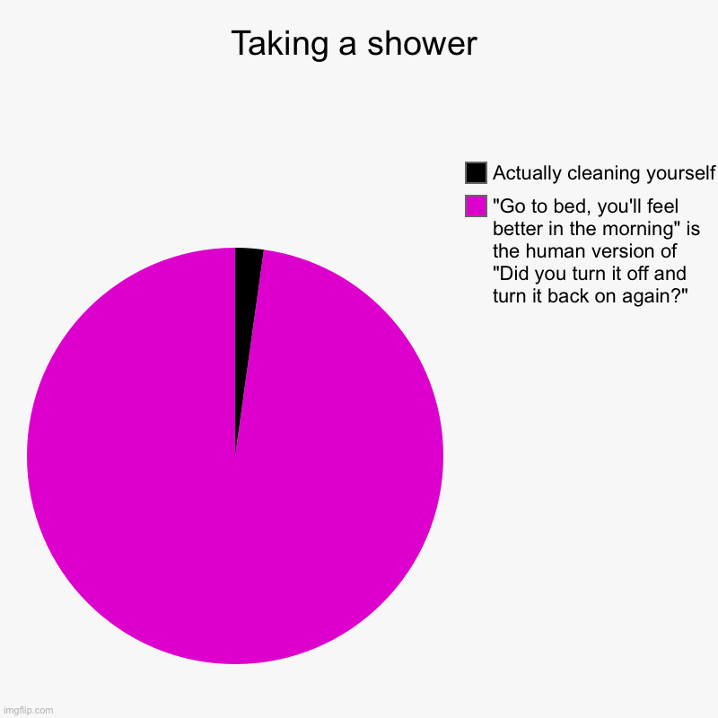 Finally something not about my parents | Taking a shower | "Go to bed, you'll feel better in the morning" is the human version of "Did you turn it off and turn it back on again?", A | image tagged in charts,pie charts | made w/ Imgflip chart maker