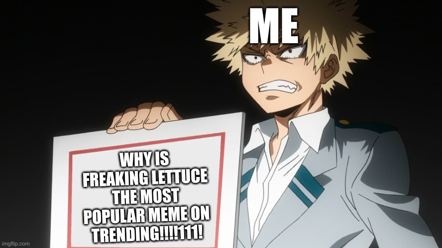 Srsly1!!!11 WHY??! | ME; WHY IS FREAKING LETTUCE THE MOST POPULAR MEME ON TRENDING!!!!111! | image tagged in bakugo | made w/ Imgflip meme maker