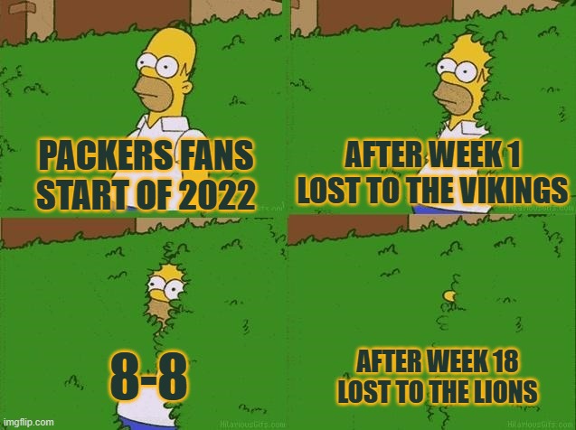 Packers fans 2022 edition | AFTER WEEK 1 LOST TO THE VIKINGS; PACKERS FANS START OF 2022; 8-8; AFTER WEEK 18 LOST TO THE LIONS | image tagged in homer hedge | made w/ Imgflip meme maker