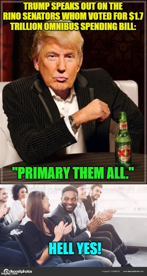 Yep . . . let's make political RINOs an endangered species in government work. | TRUMP SPEAKS OUT ON THE RINO SENATORS WHOM VOTED FOR $1.7 TRILLION OMNIBUS SPENDING BILL:; "PRIMARY THEM ALL."; HELL YES! | image tagged in trump most interesting man in the world | made w/ Imgflip meme maker