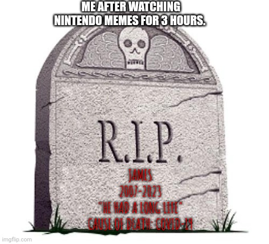 Boi | ME AFTER WATCHING NINTENDO MEMES FOR 3 HOURS. JAMES
2007-2023
"HE HAD A LONG LIFE"
CAUSE OF DEATH: COVID-19 | image tagged in rip | made w/ Imgflip meme maker